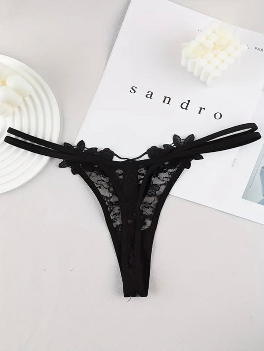 Black Floral Lace Double-Strap Thong