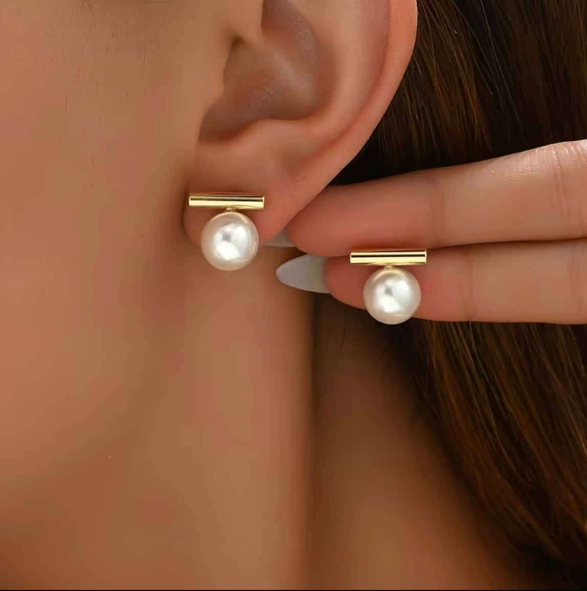 Modern Simulated Pearl & Gold Bar Earrings