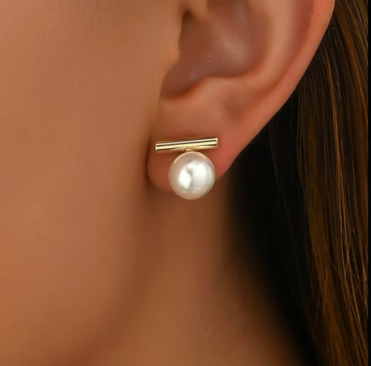Modern Simulated Pearl & Gold Bar Earrings