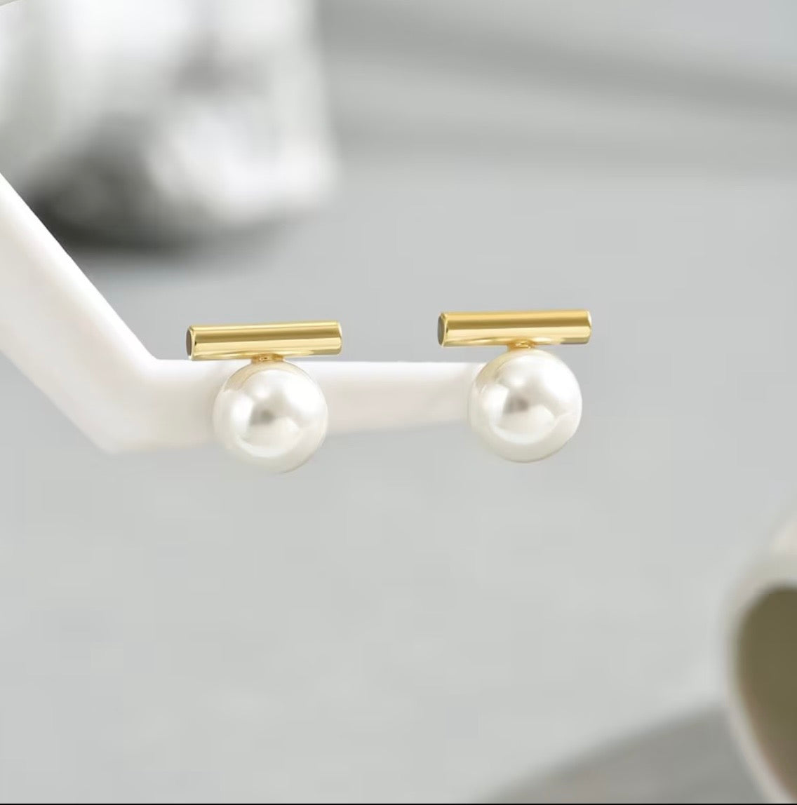 Modern Simulated Pearl & Gold Bar Earrings