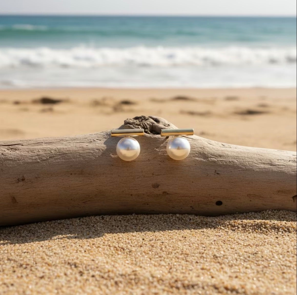 Modern Simulated Pearl & Gold Bar Earrings