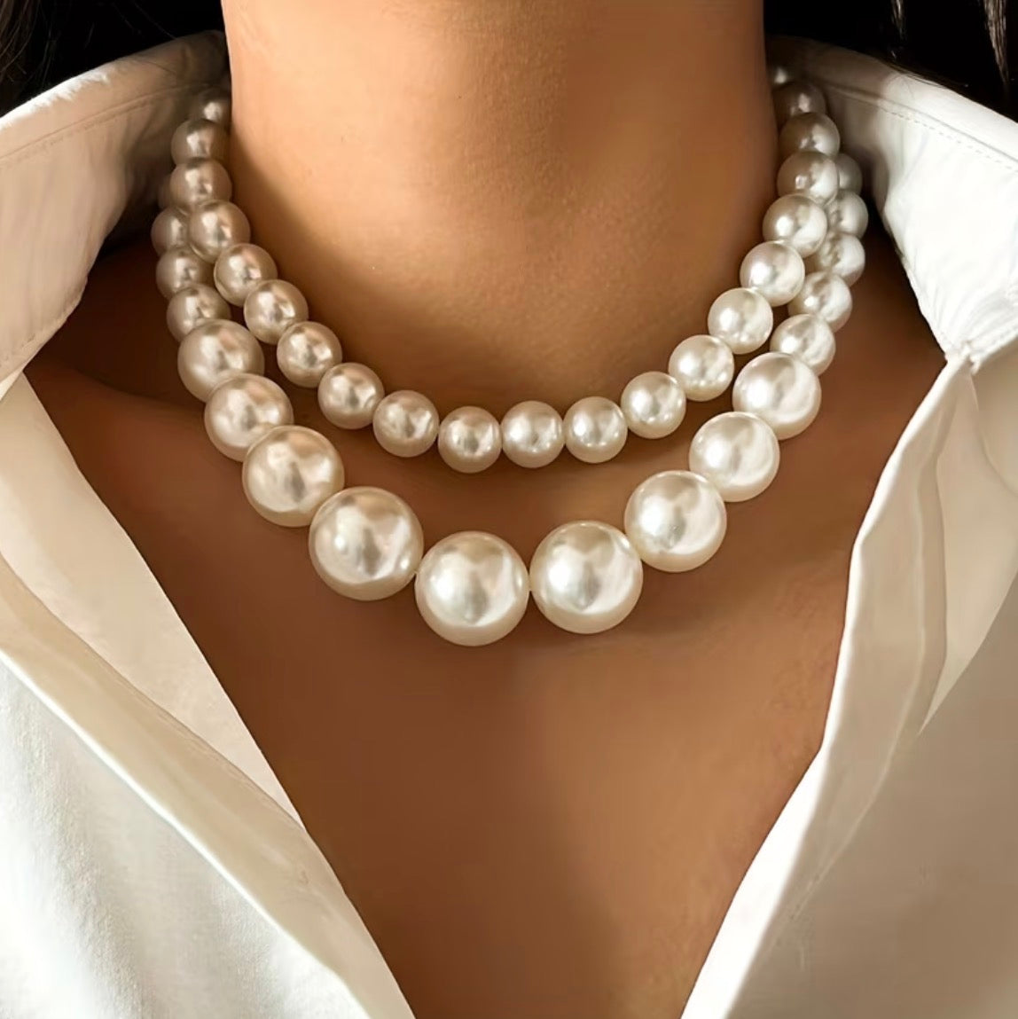 Graduated Simulated Pearl Double-Strand Necklace