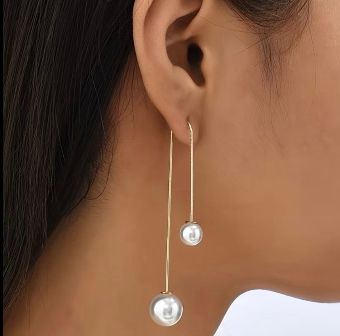 Long Gold-Tone Simulated Pearl Drop Earrings