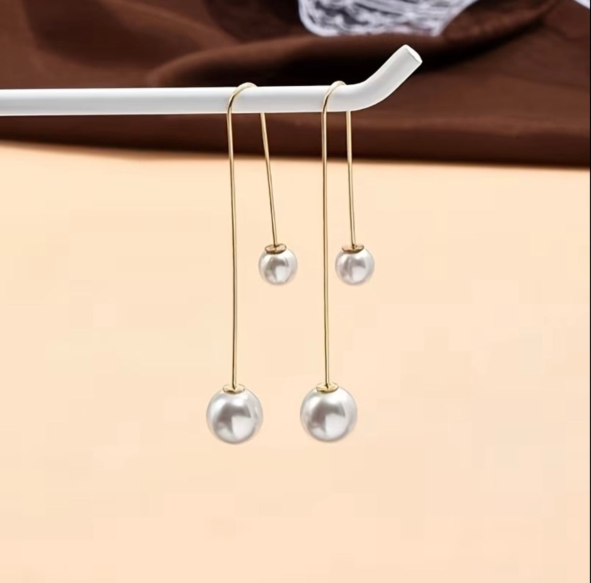 Long Gold-Tone Simulated Pearl Drop Earrings
