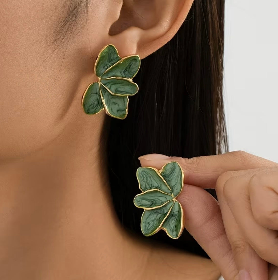 Green Marbled Petal Statement Earrings